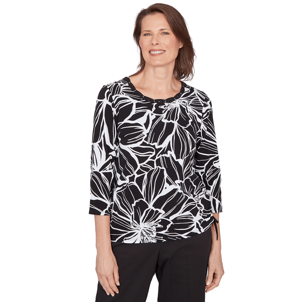 Womens Alfred Dunner Classics Floral Linework Side Tie Blouse