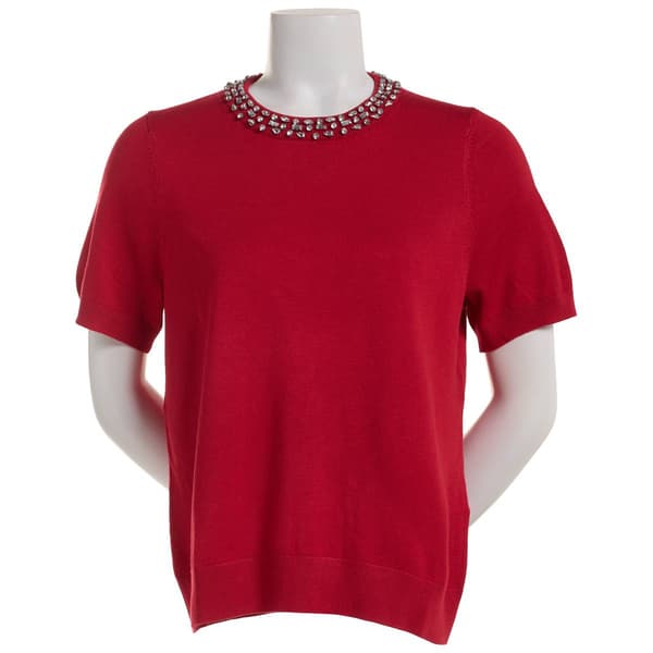Womens Adrianna Papell Long Sleeve Jewel Embellished Neck Sweater - image 