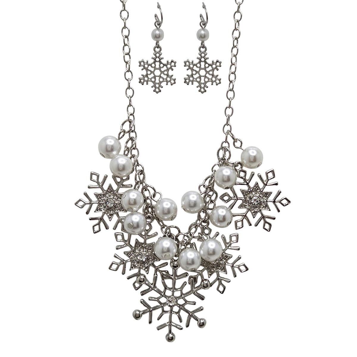 Snowflake Charm Necklace w/ Crystals & Pearls