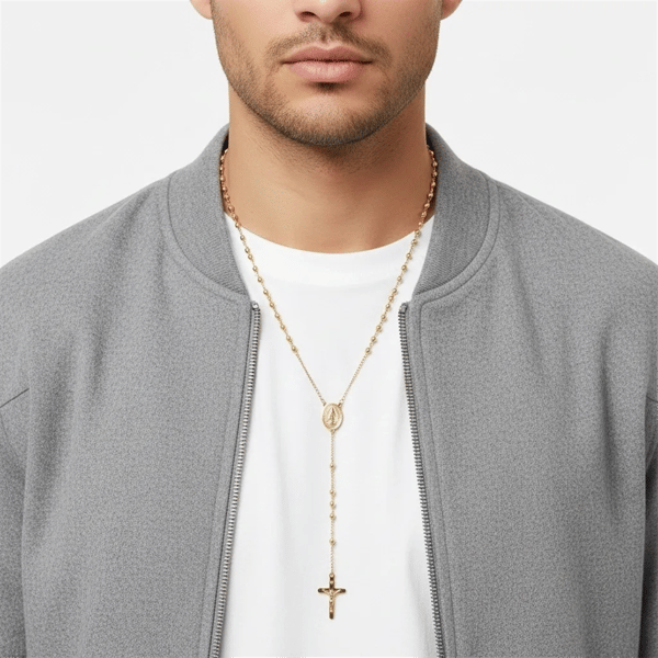Mens Iron Saints 18kt. Gold Plated Medal & Cross Beaded Rosary