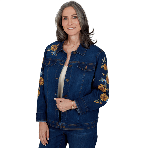 Petite Alfred Dunner Tuscany Sunflower Embroidered Denim Jacket