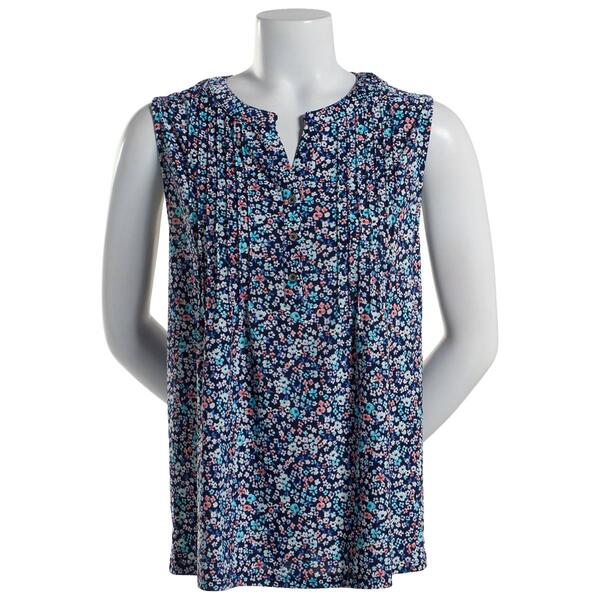 Petite Napa Valley Sleeveless Floral Pleated Knit Henley Top - image 