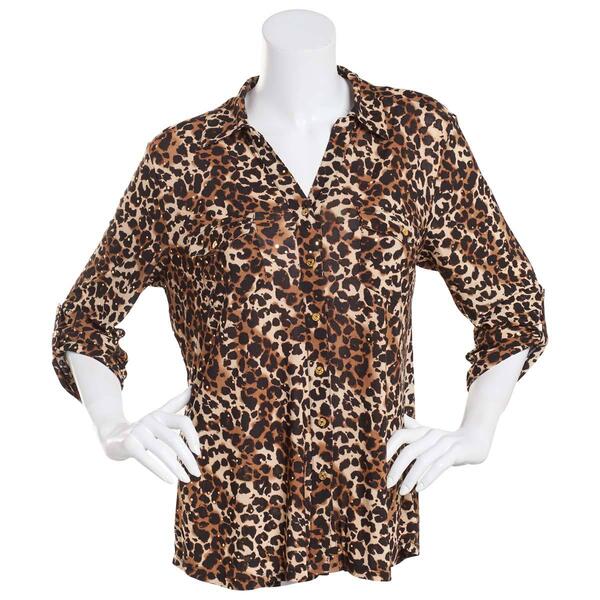 Womens Emily Daniels 3/4 Sleeve Disco Dots Blouse - Brown Animal - image 