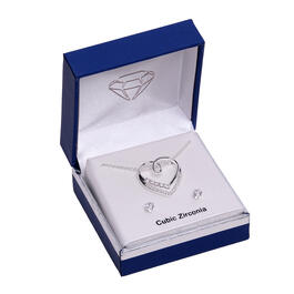 Boxed Silver-Tone Open Heart Cubic Zirconia Pendant & Earring Set