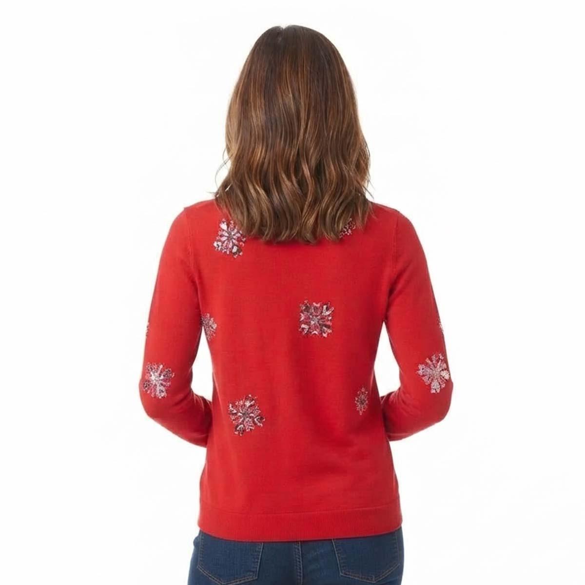 Womens Tru Self Long Sleeve Snowflakes Sequin Sweater