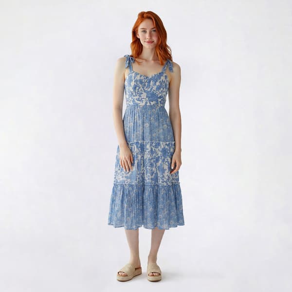 Juniors Trixxi Mix Print Tie Shoulder Cross Waist Midi Dress