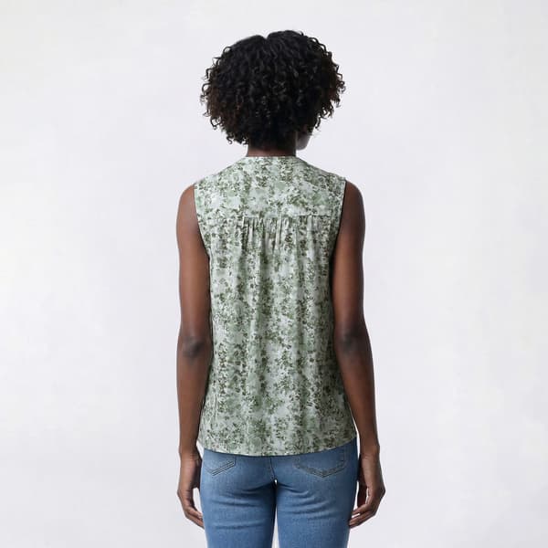 Plus Size Napa Valley Sleeveless Floral Leaf Pleat Henley Blouse