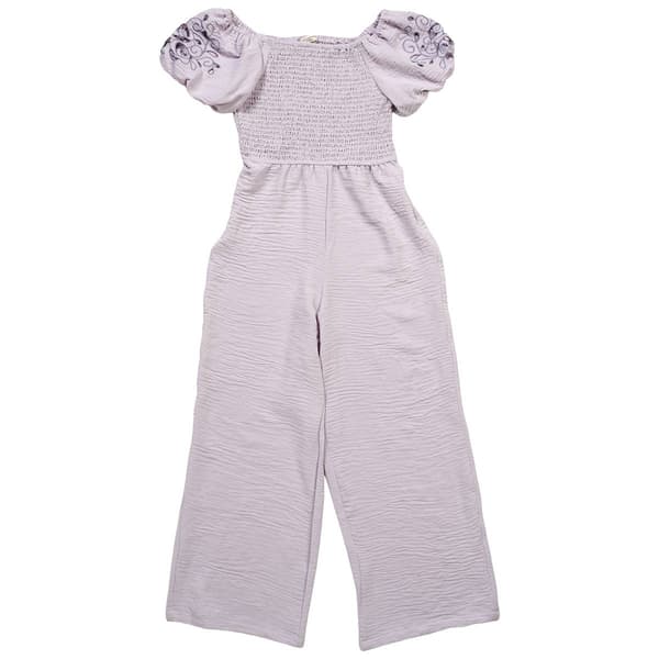 Girls (7-16) No Comment Embroidered Puff Sleeve Smocked Jumpsuit - image 
