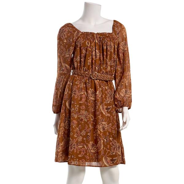 Womens BB Dakota Long Sleeve Belt Floral Fit & Flare Dress - image 