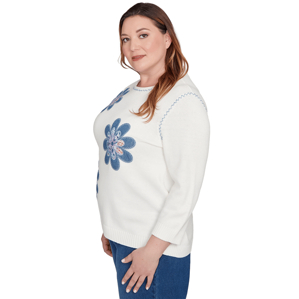 Plus Size Alfred Dunner Hilton Head Denim Floral Sweater