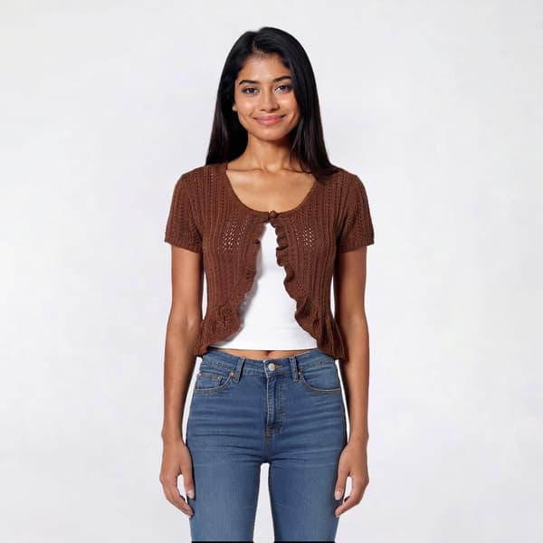 Juniors No Comment Short Sleeve Ruffle Button Front Cardigan