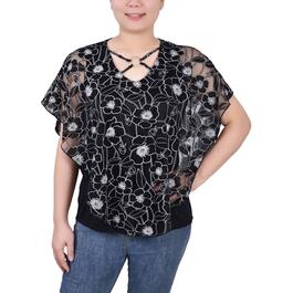 Womens NY Collection Floral Burnout Poncho Top - Black