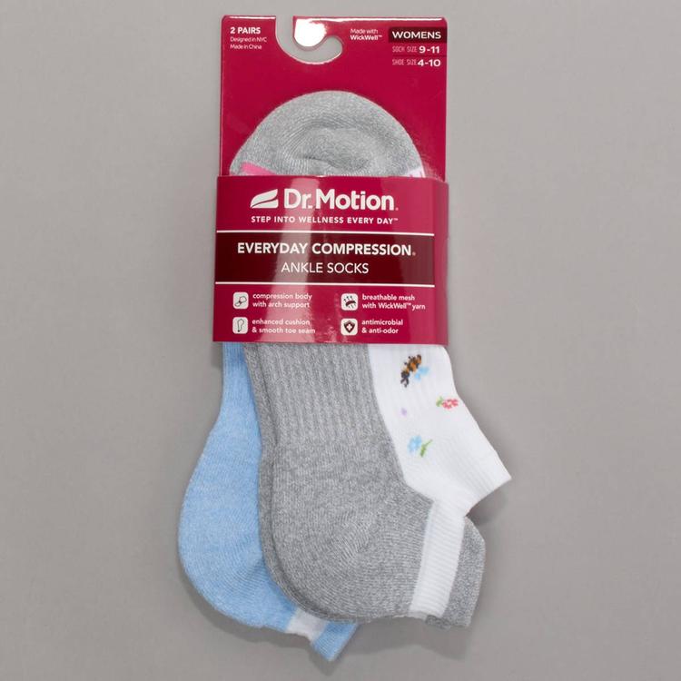 Womens Dr. Motion(R) 2pk. Floral White Low Cut Socks