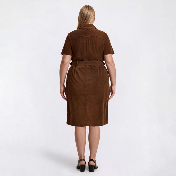 Plus Size Vivid Aura Short Sleeve Corduroy Belted Sheath Dress