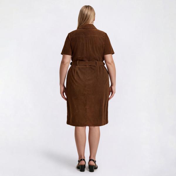 Plus Size Vivid Aura Short Sleeve Corduroy Belted Sheath Dress