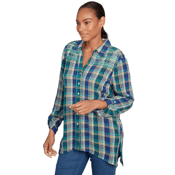 Petite Ruby Rd. Fall Flair Roll Tab Embroidery Plaid Blouse