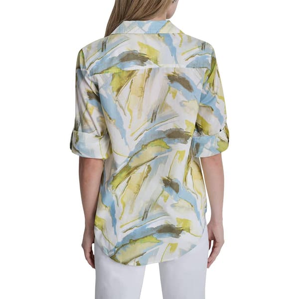 Womens DKNY Roll Tab Sleeve Abstract Button Down Blouse
