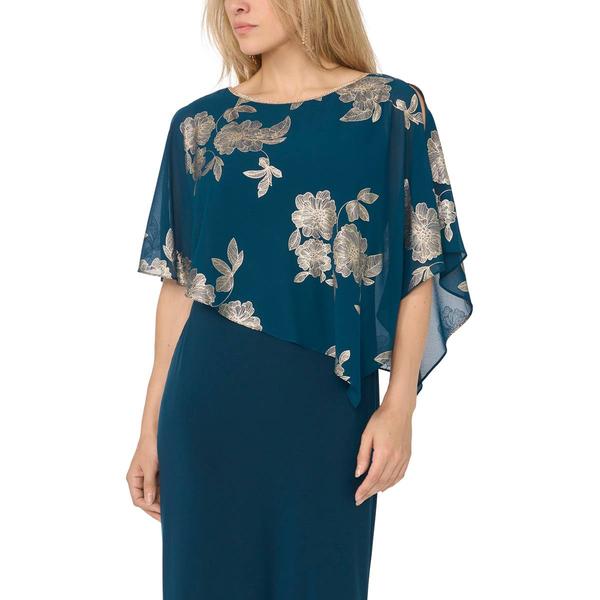 Petite MSK Solid Evening Gown with Foil Floral Overlay