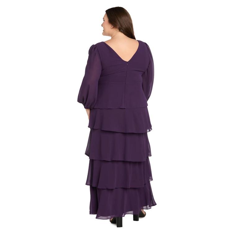 Plus Size R&M Richards 3/4 Sleeve V-Neck Ruffle Tiered Gown