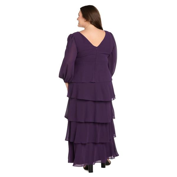 Plus Size R&M Richards 3/4 Sleeve V-Neck Ruffle Tiered Gown