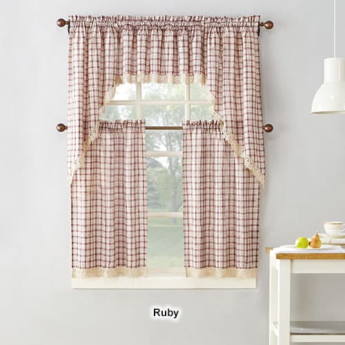 Maisie Woven Plaid Macramé Trim Kitchen Curtains