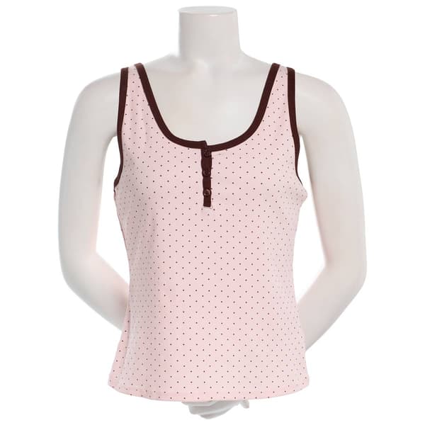 Juniors Pink Rose Polka Dot Henley Long Tank Top - Dots - image 