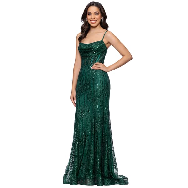 Juniors Blondie Nites Glitter Drape Neck Sheath Dress