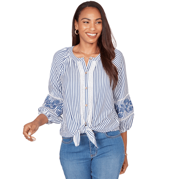 Womens Ruby Rd. French Riviera Seersucker Tie Front Blouse - image 