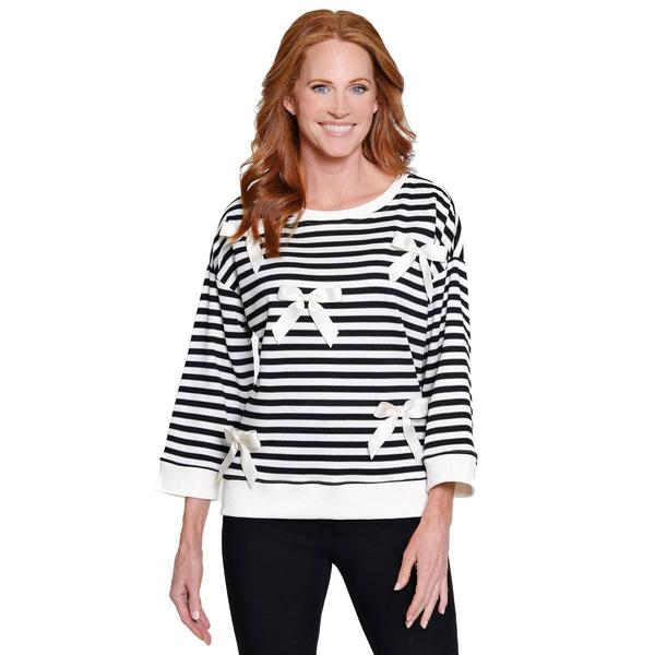 Petite Ali Miles 3/4 Sleeve Round Neck Stripe Ribbon Bow Sweater - image 