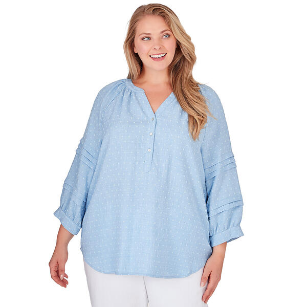 Plus Size Ruby Rd. Patio Party Elbow Sleeve Woven Clip Dot Top - image 