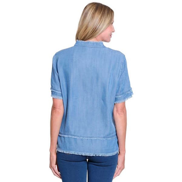 Petite Multiples Short Sleeve Double Fringe Trim Blouse