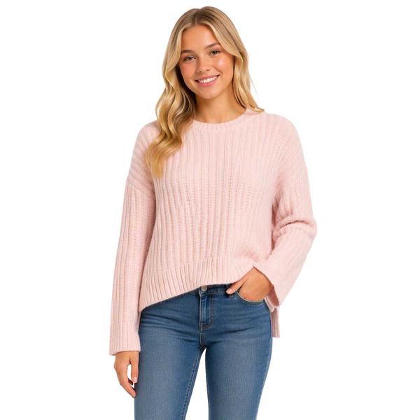 Juniors Pink Rose Mossy Textured Step Hem Wide Sleeve Sweater - image 