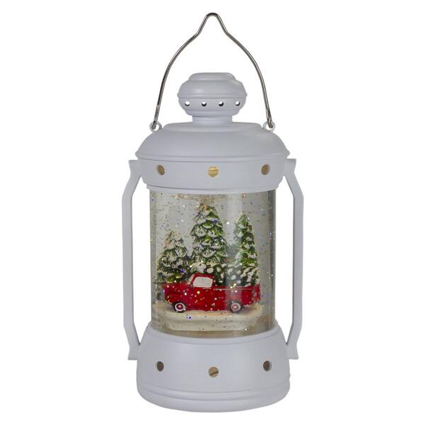 9 White Lantern Christmas Snow Globe with Red Truck and Trees - image 