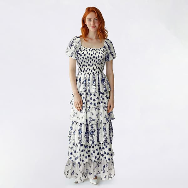 Juniors Crystal Doll Puff Sleeve Mix Tier Midi Dress