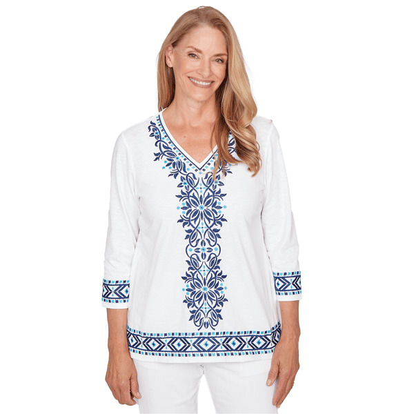 Womens Alfred Dunner Mykonos Scroll Embroidered V Neck Blouse