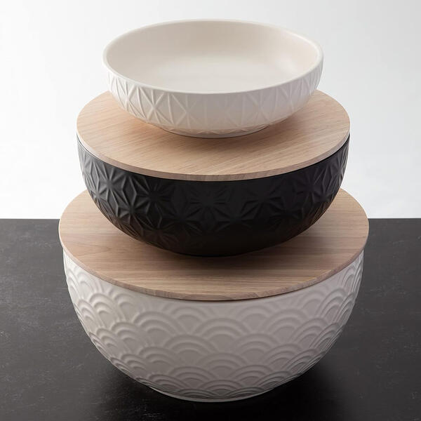 Thirstysone Set of 3 Ceramic Bowls w/ 2 Wood Lids - image 