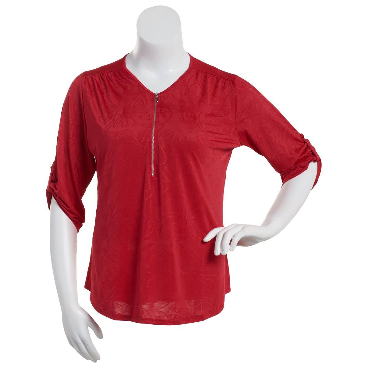 Plus Size Notations ¾ Sleeve Solid Jacquard Zip Henley...