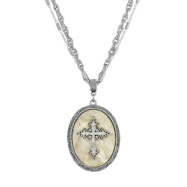 Symbols of Faith Pewter Cross Oval Semi-Precious Necklace - image 