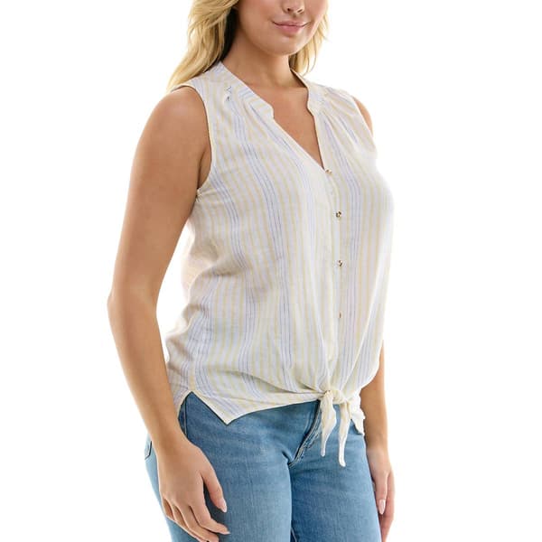 Womens Zac & Rachel Sleeveless Stripe Tie Hem Button Down Blouse