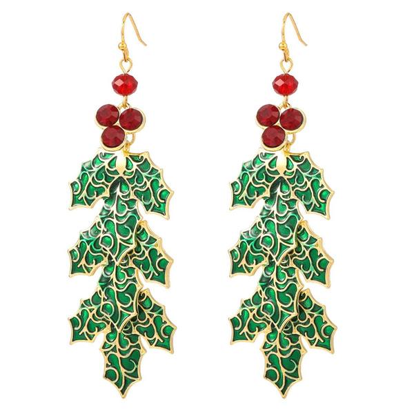 Green Holly with Red Berries Drop Earrings - image 