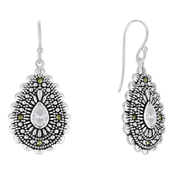 Marsala Silver Plated Marcasite & White Topaz Drop Earrings - image 