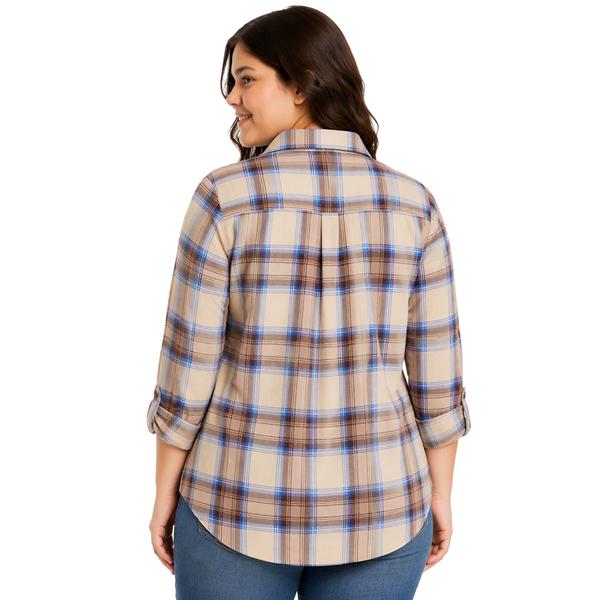 Juniors Plus No Comment Fleece Lined Plaid Flannel - Tan