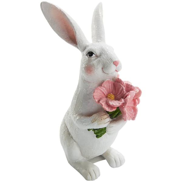 Resin White Bunny Holding Pink Flowers Statue - image 