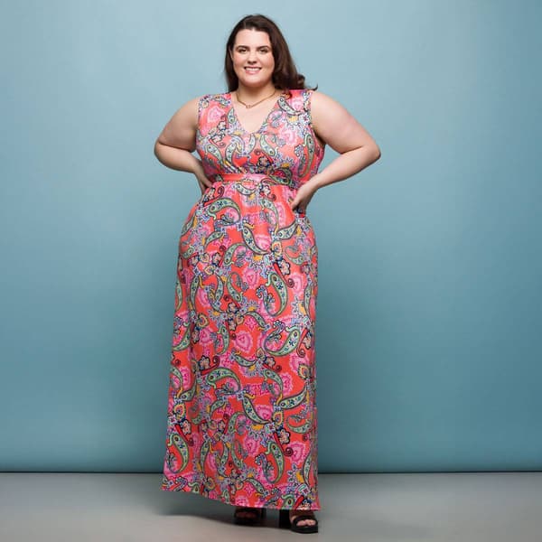 Plus Size 24/7 Comfort Apparel Pink Paisley Sleeveless Maxi Dress