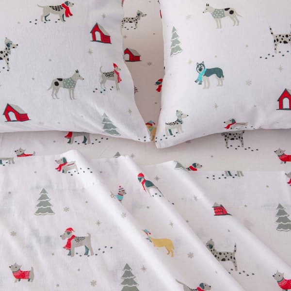Freshfolds Cotton Pups in the Snow Holiday 4pc. Flannel Sheet Set