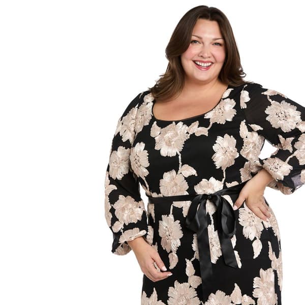 Plus Size R&M Richards Long Sleeve Mesh Soutache Floral Gown