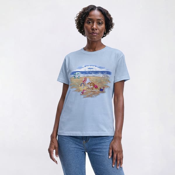 Womens Top Stitch By Morning Sun Beach Chair Kitty Tee - image 