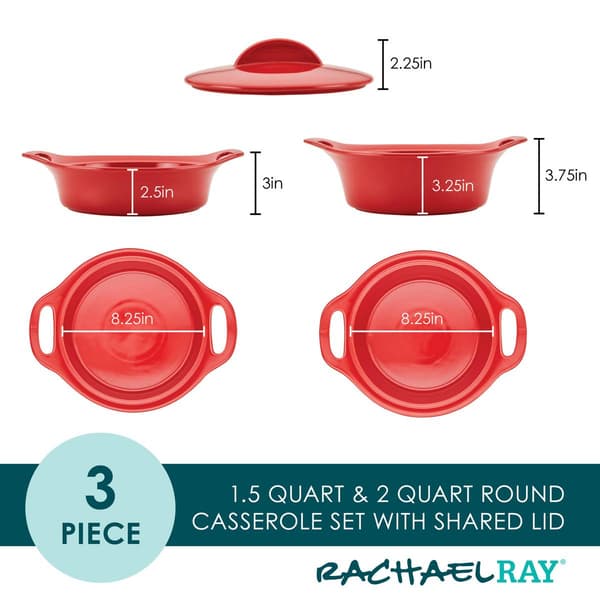 Rachael Ray 3pc. Ceramic Casserole Bakers w/Shared Lid Set - Red