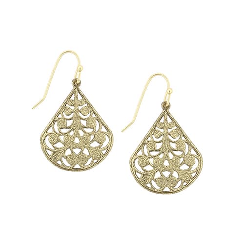 1928 Gold-Tone Filigree Teardrop Earrings - image 