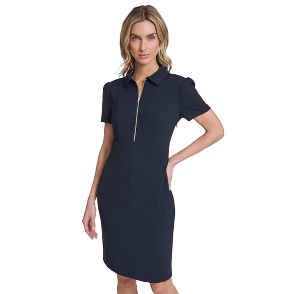 Womens Tommy Hilfiger Short Sleeve Zip Front Crepe Sheath Dress